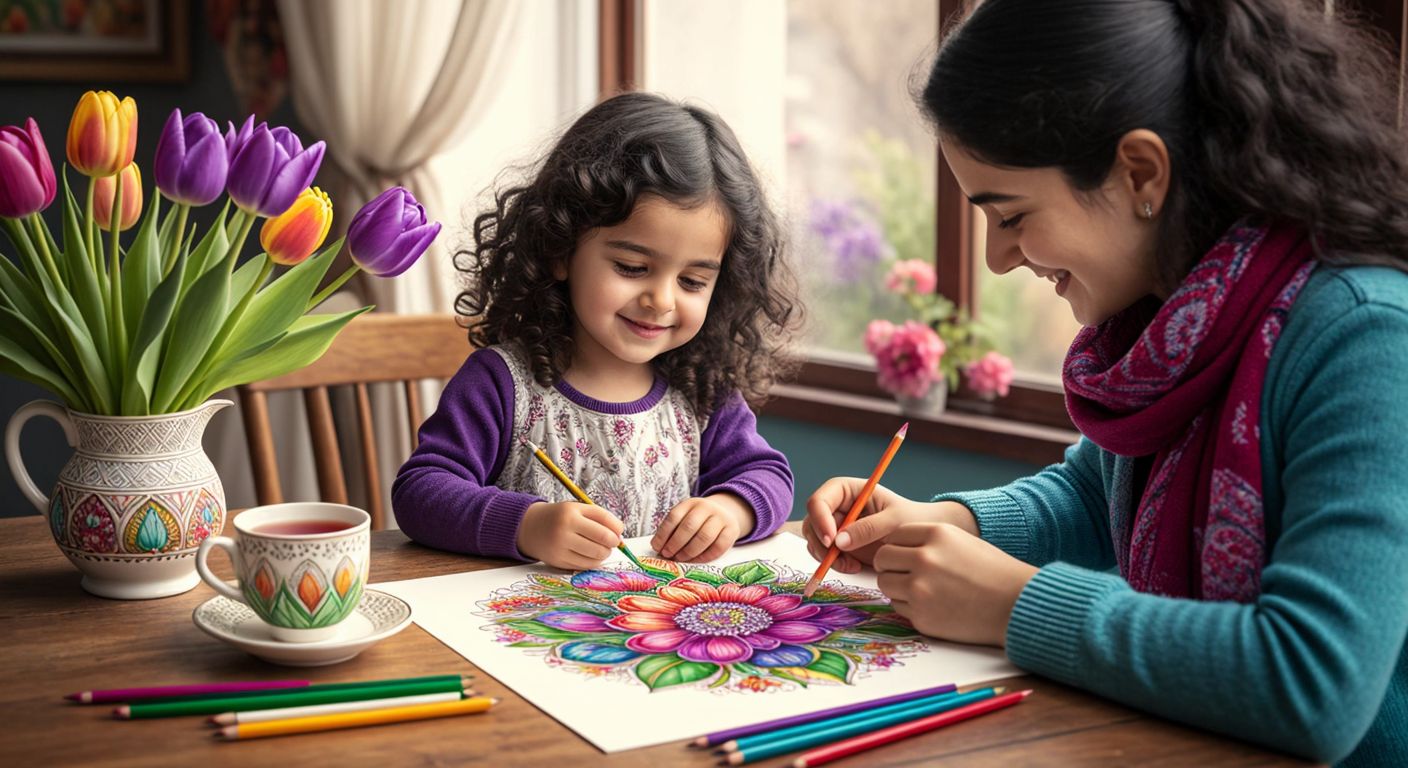 A cheerful Turkish child with dark curly hair sits at a wooden table, carefully coloring a vibrant picture of tulips with crayons, while a smiling adult nearby relaxes with a detailed mandala coloring book and a cup of steaming çay.