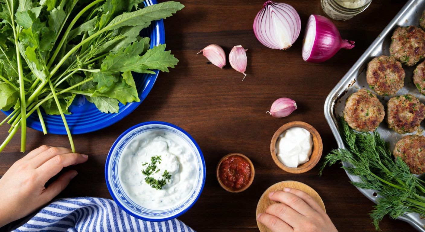 A rustic Turkish kitchen with fresh gelincik otu (poppy leaves) and ingredients like yogurt, onions, and dill spread on a wooden table, while hands shape golden-brown köftes on a baking tray.