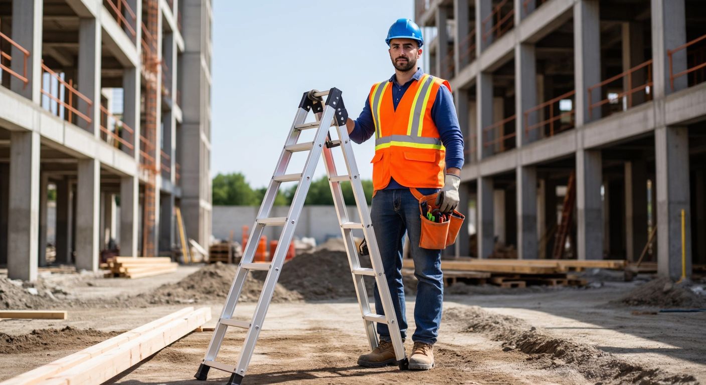 A sturdy aluminum platform ladder with an extended telescopic section, placed on a construction site in Turkey, supporting a worker in a blue hard hat and orange safety vest carrying tools while standing confidently on the platform.