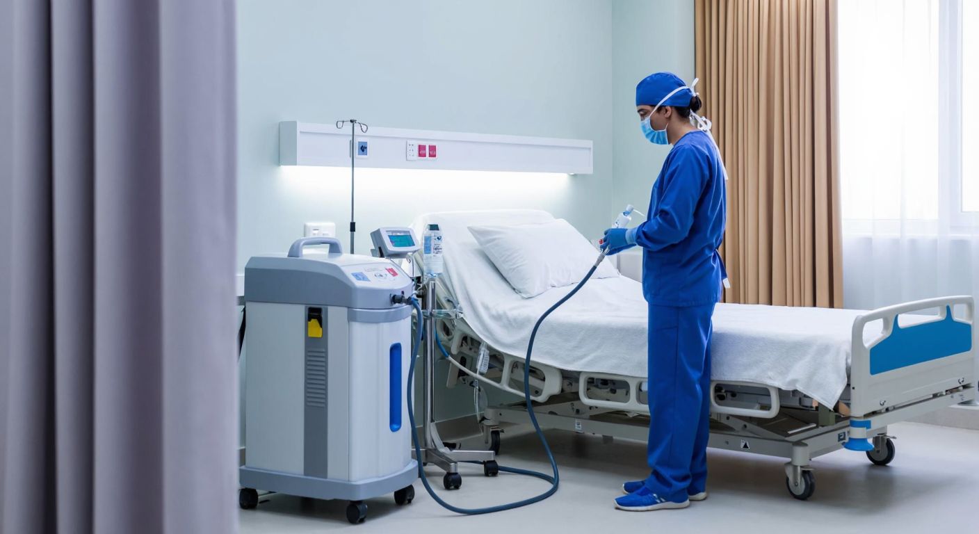 A modern hospital room in Turkey with a sleek medical aspirator device placed beside a bed, where a surgeon in blue scrubs carefully operates it to clear fluids from a patient's airway.
