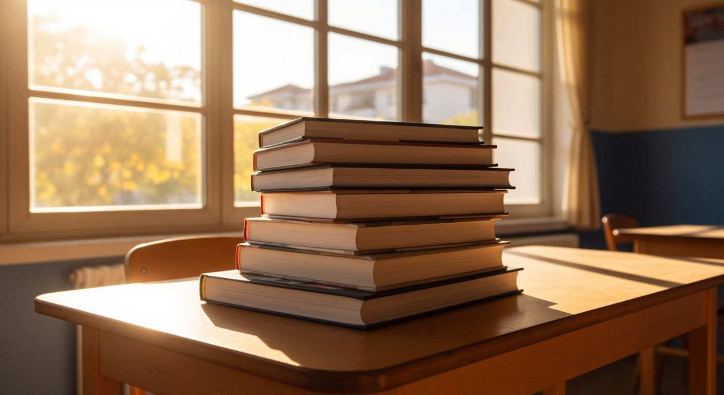 A stack of Turkish literature textbooks with varying thicknesses sits on a wooden school desk, bathed in warm sunlight from a classroom window.