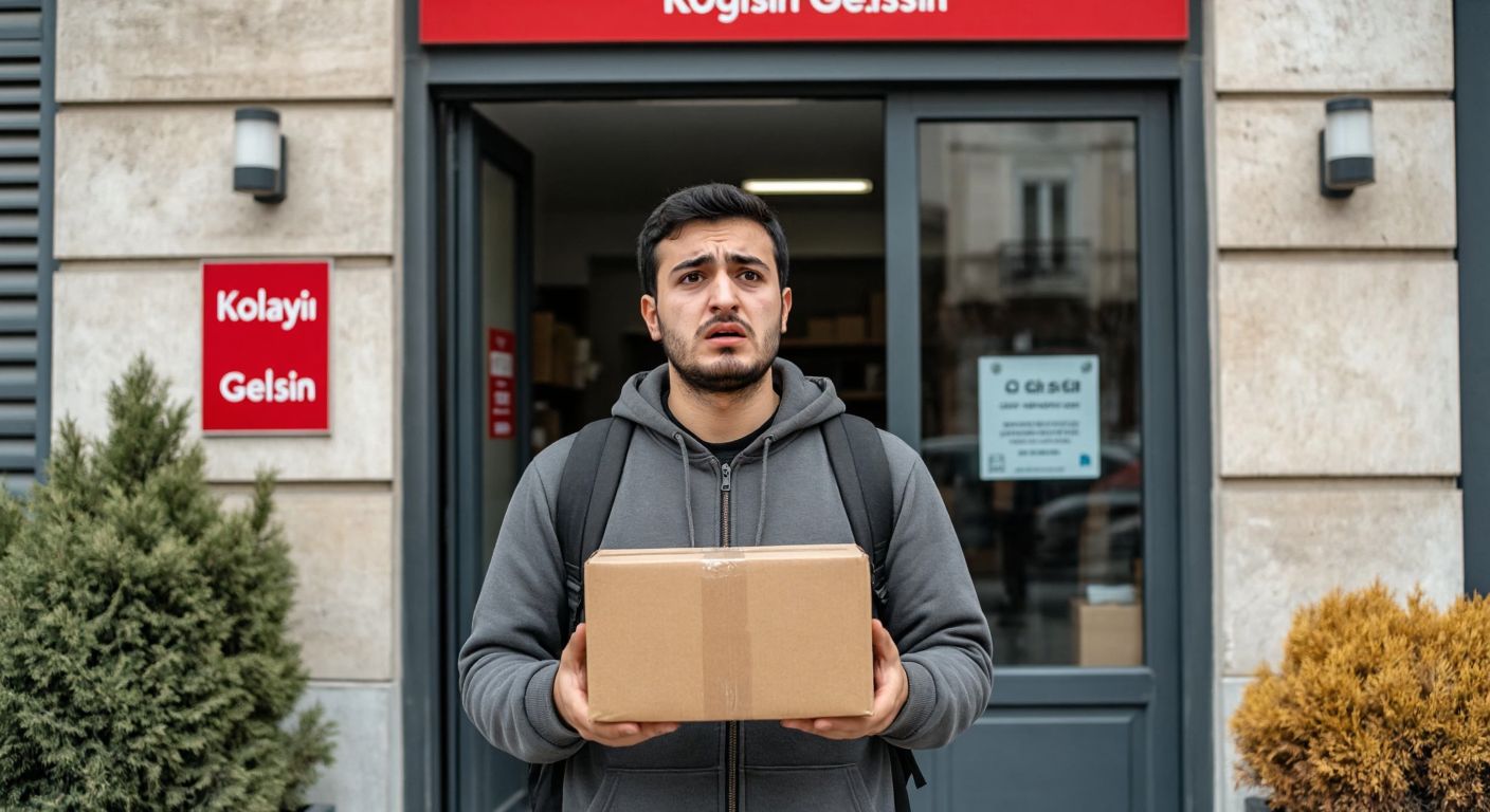 A frustrated Turkish customer in casual clothing stands outside a closed Kolay Gelsin delivery office on a quiet Sunday morning, holding an undelivered package with a disappointed expression.