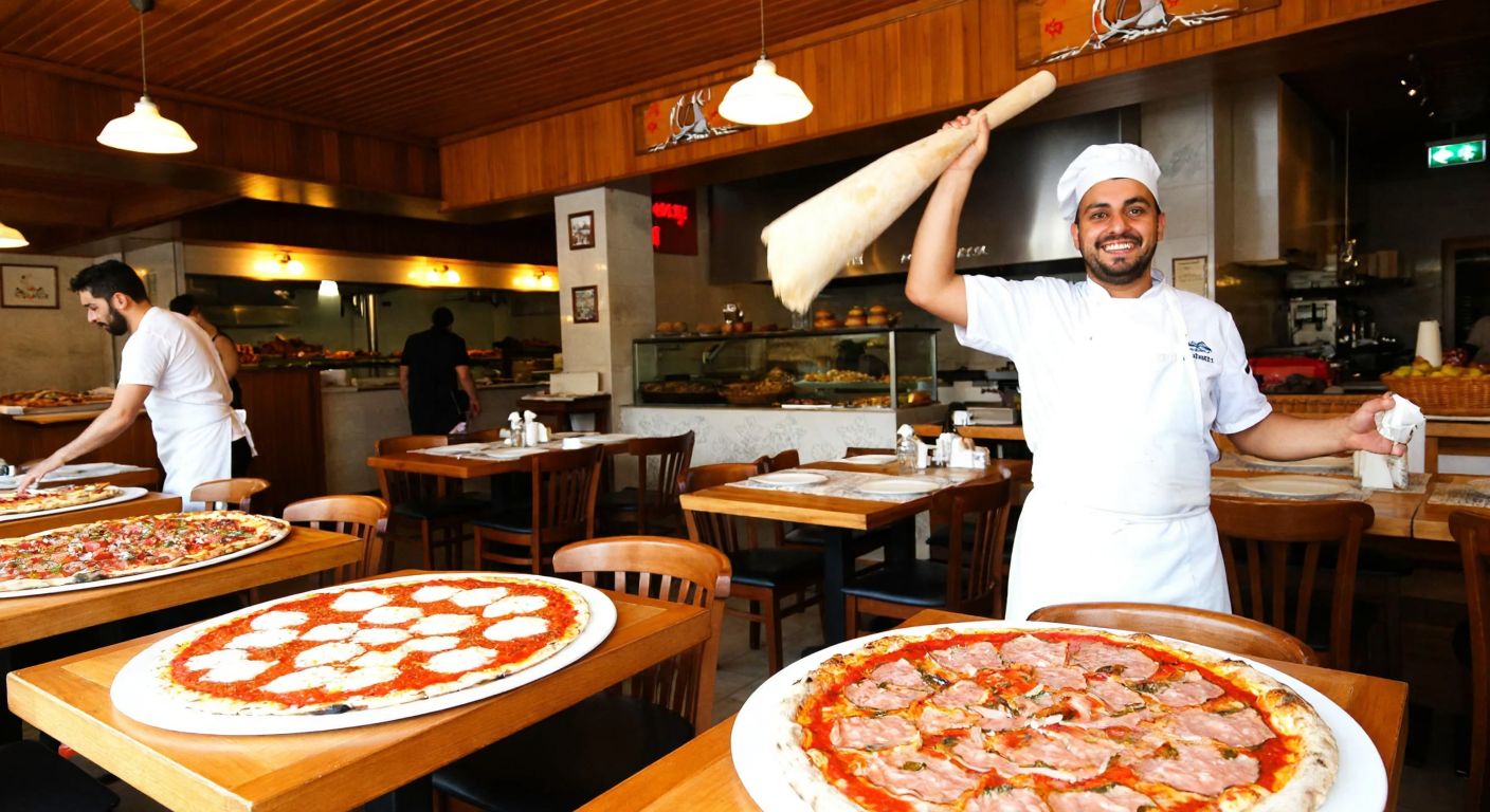A bustling pizzeria on İzmir's Kordon waterfront, with a warm-lit interior, wooden tables topped with steaming Turkish-style pizzas, and a smiling chef in a white apron tossing dough in the air.