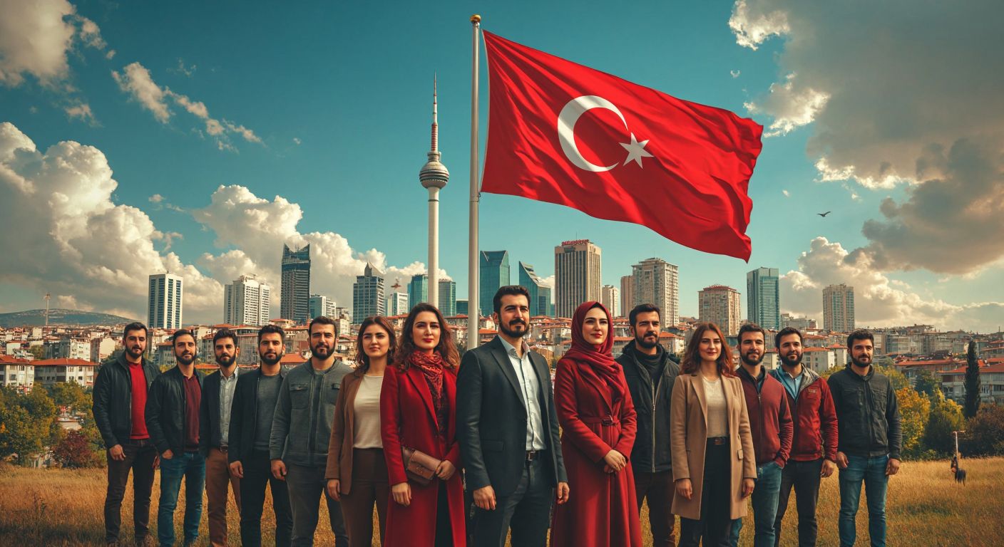 A proud, diverse group of Turkish people standing together in front of a modern Ankara skyline, with a Turkish flag waving in the background, symbolizing unity, progress, and the principles of Kemalism.