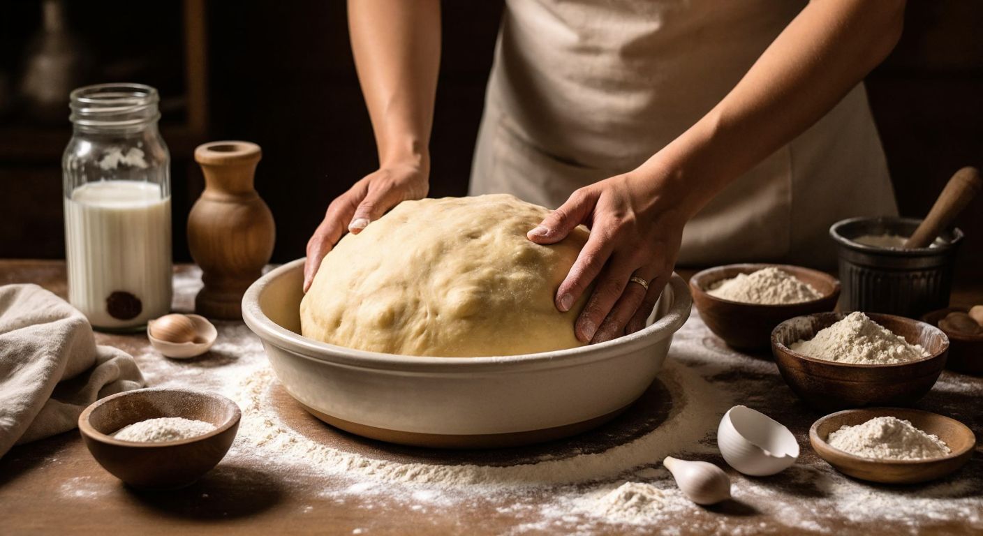 A warm, flour-dusted kitchen counter in Turkey with a soft, golden-brown dough resting in a large ceramic bowl, surrounded by scattered ingredients like flour, milk, and yeast, while a pair of hands knead the dough with care.