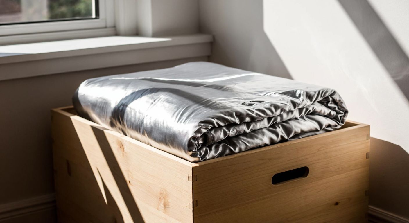 A silver thermal blanket neatly folded inside a cool, dry wooden storage box, with soft sunlight filtering through a nearby window.