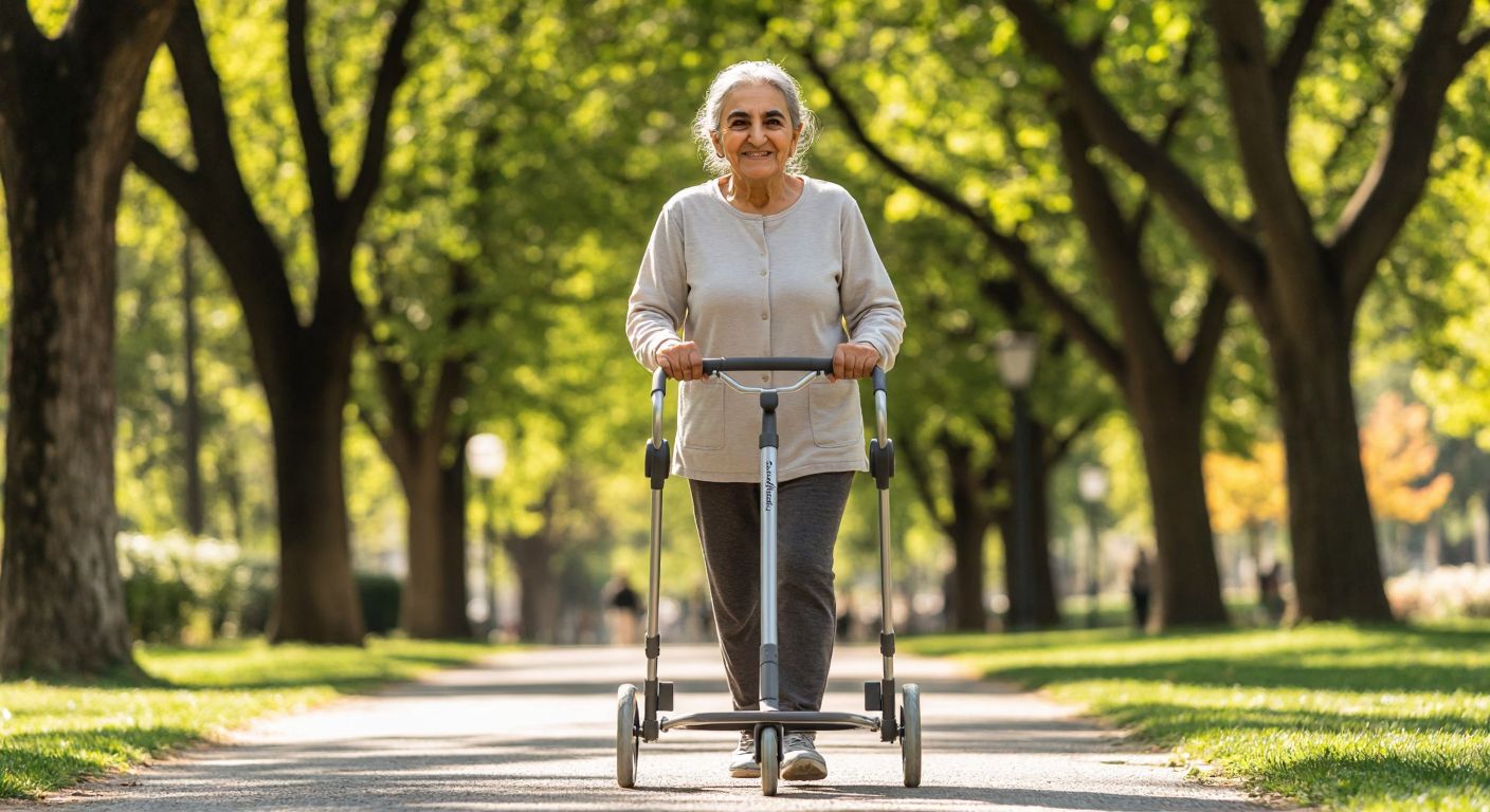 An elderly Turkish person with a warm smile confidently walks through a sunny park using a sleek, silver Respirox rolator with adjustable handles and rotating wheels.