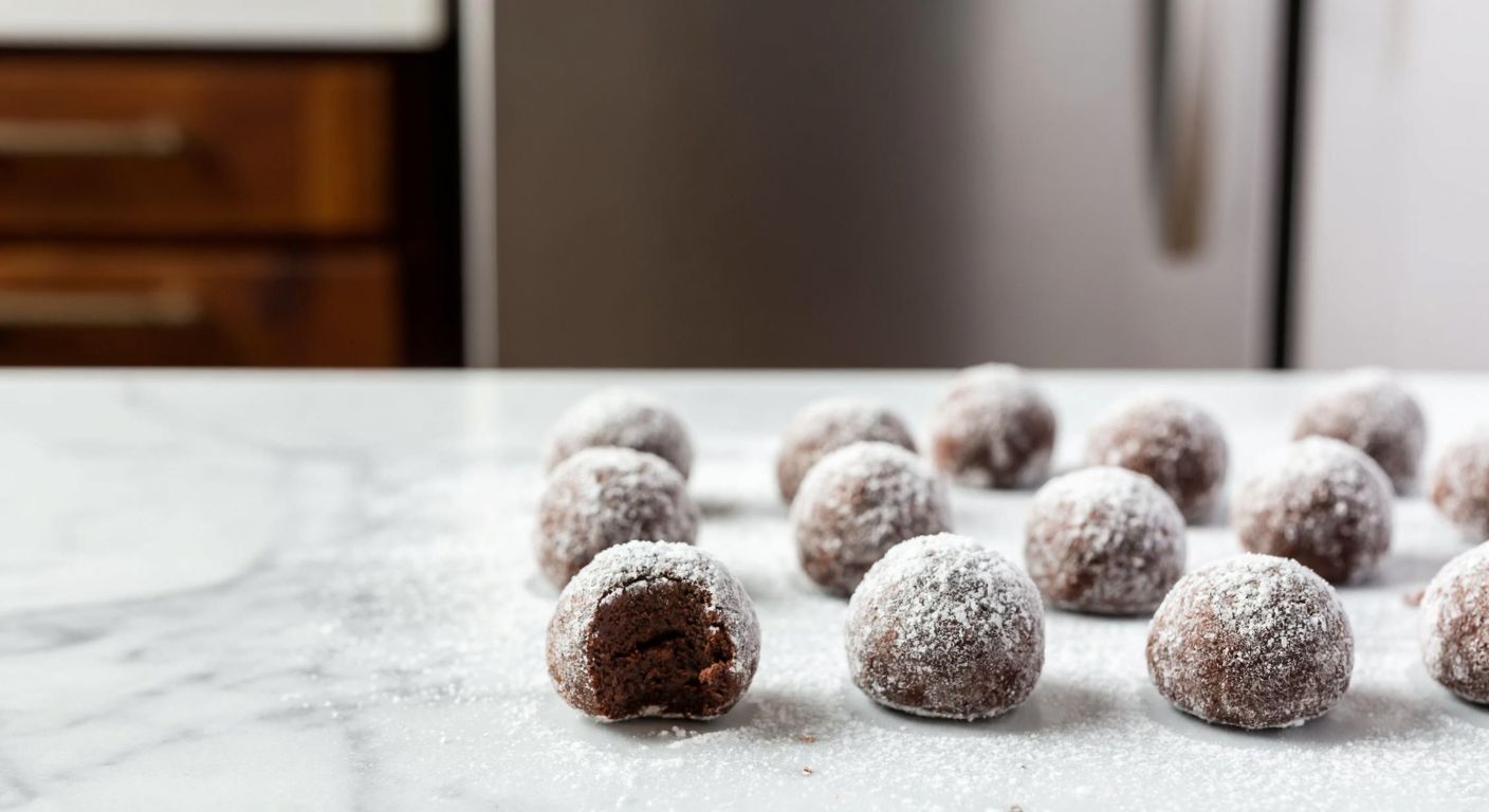 A close-up of small, round cocoa balls dusted with powdered sugar, resting on a chilled marble countertop inside a Turkish kitchen, with a refrigerator door slightly ajar in the background.