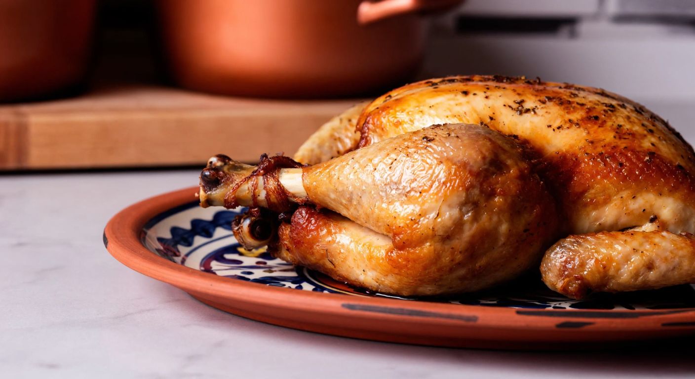 A close-up of a golden-brown roasted chicken leg with the femur bone prominently visible, resting on a traditional Turkish ceramic plate with a warm, rustic kitchen backdrop.