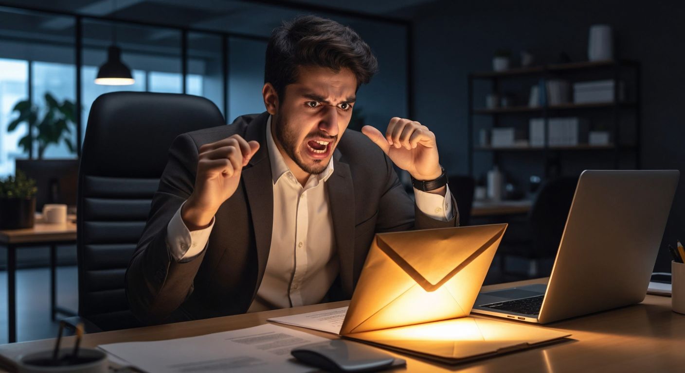 A frustrated Turkish office worker in a modern workspace gestures dismissively at a glowing envelope on a desk, symbolizing the rejection of unwanted emails.