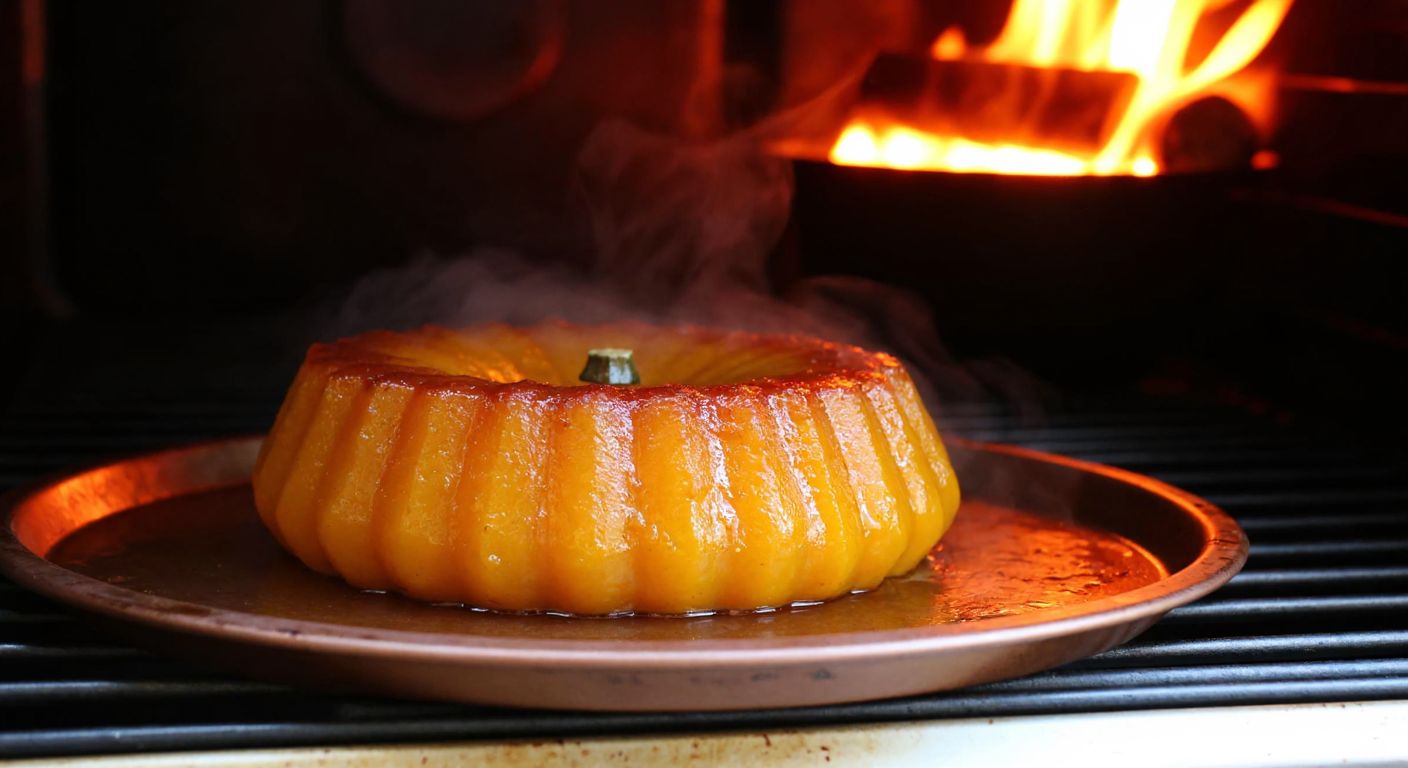 A golden-brown pumpkin dessert (kabak tatlısı) sits on a rustic baking tray inside a warm, glowing oven, with steam rising gently from its caramelized surface.