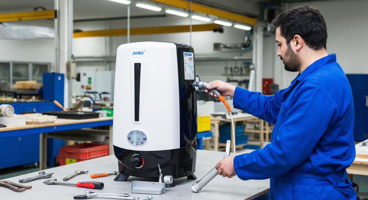 A Turkish factory worker in a blue uniform assembles a sleek, modern Aksu water heater under bright workshop lights, surrounded by neatly arranged tools and other appliances.