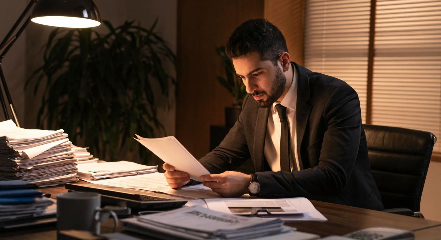 A focused Turkish journalist in a modern office, carefully examining documents and news clippings under a warm desk lamp, surrounded by stacks of papers and a laptop.