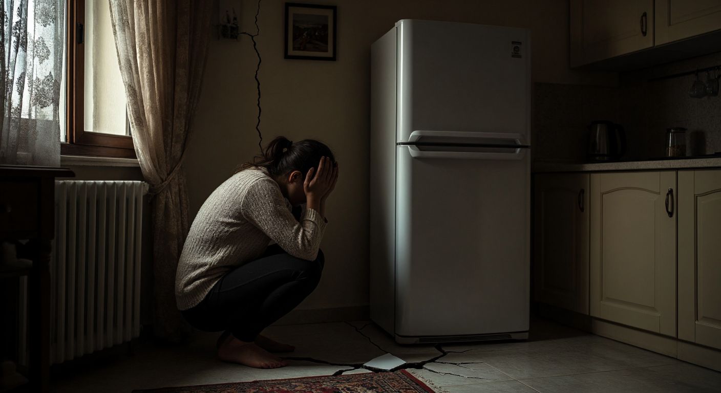A person crouching protectively beside a sturdy refrigerator in a dimly lit Turkish home, their hands clasped over their head with a cushion for protection, while faint cracks hint at earthquake tremors in the background.