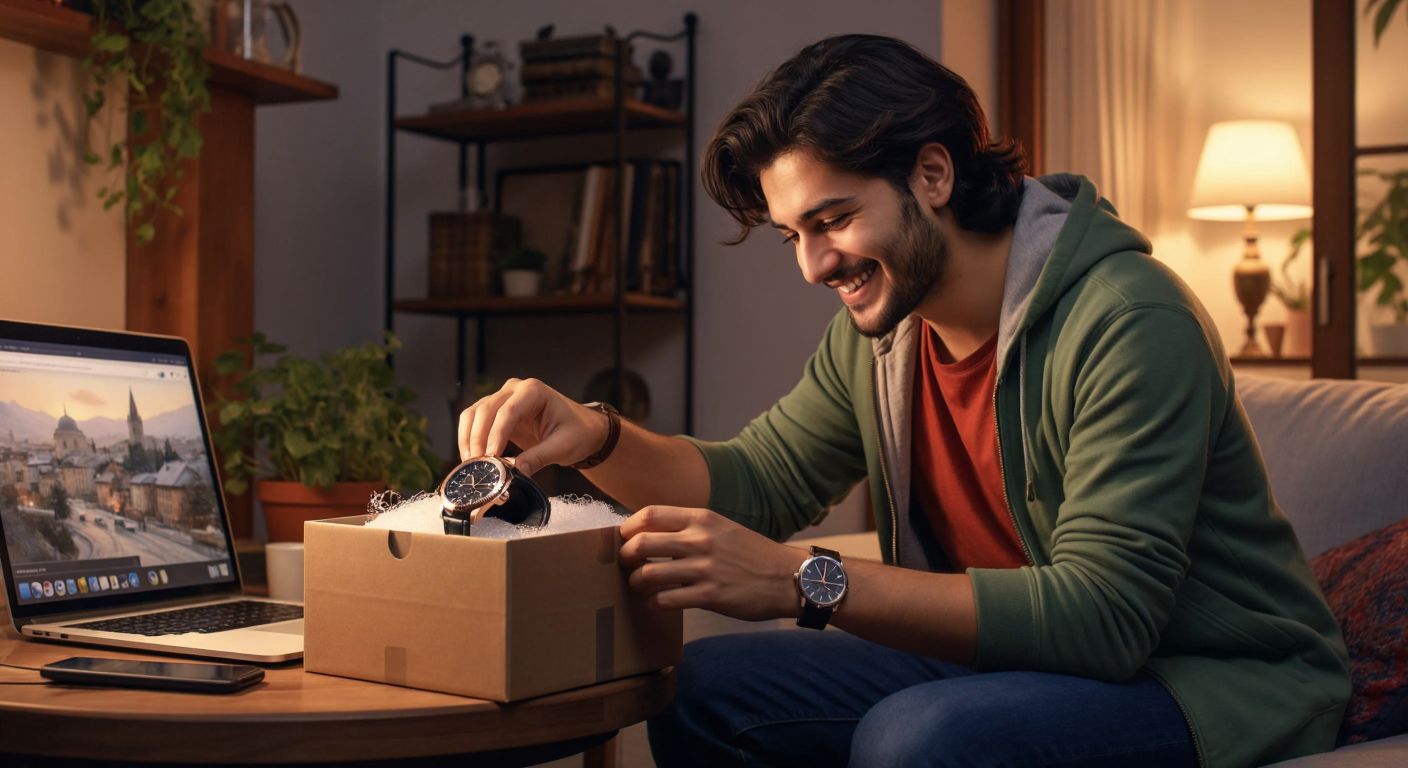 A smiling Turkish customer in a cozy home setting carefully places a wristwatch back into its original box, with a laptop open nearby showing a confirmation page for an online return.