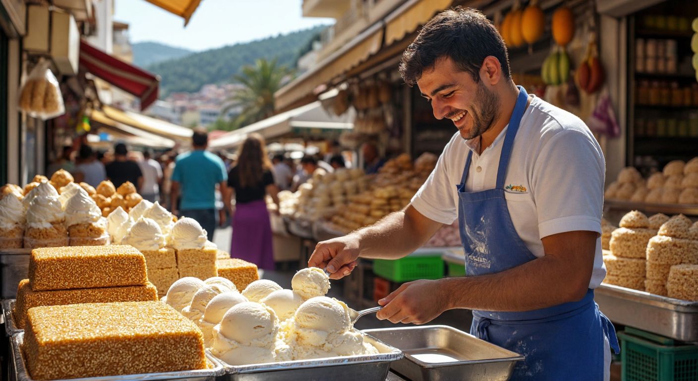 A smiling vendor in a bustling Alanya market scooping creamy ice cream onto a golden slice of sesame helva, with the Mediterranean sun casting warm light on the vibrant scene.
