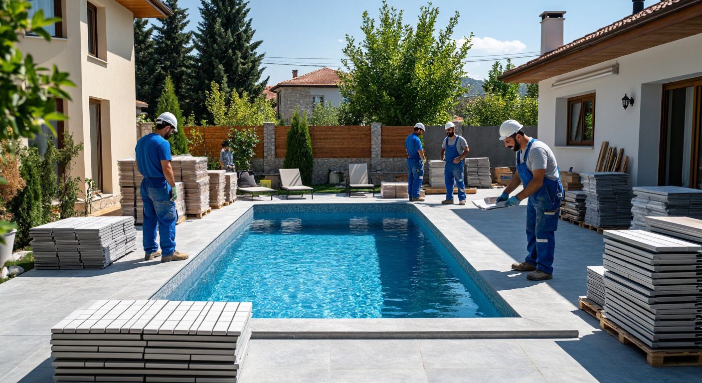 A sunlit Turkish backyard with a half-built concrete pool surrounded by workers in blue overalls, stacks of tiles, and a smiling homeowner reviewing plans with a contractor.