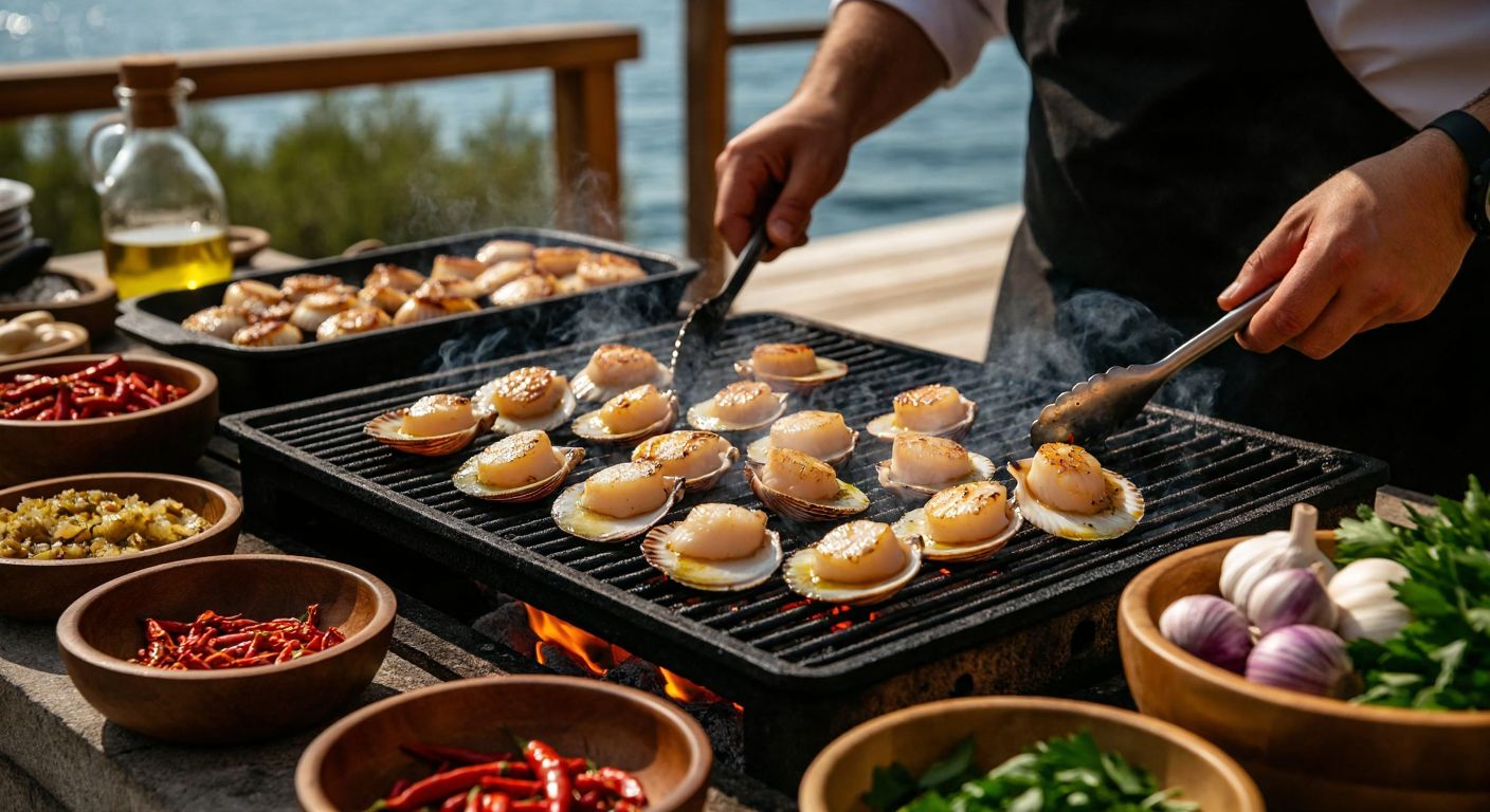 A vibrant Turkish seaside kitchen with fresh scallops sizzling on a grill, surrounded by bowls of olive oil, garlic, and red pepper, with a chef’s hands skillfully flipping them over glowing embers.