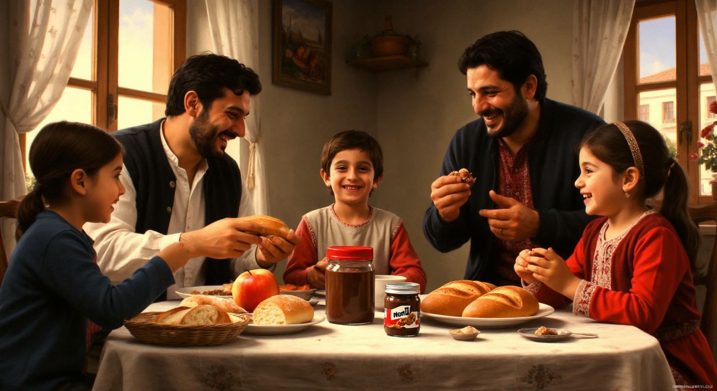 A Turkish family gathered around a breakfast table, smiling as they debate between a small jar and a large jar of Nutella, with fresh bread and fruit nearby.