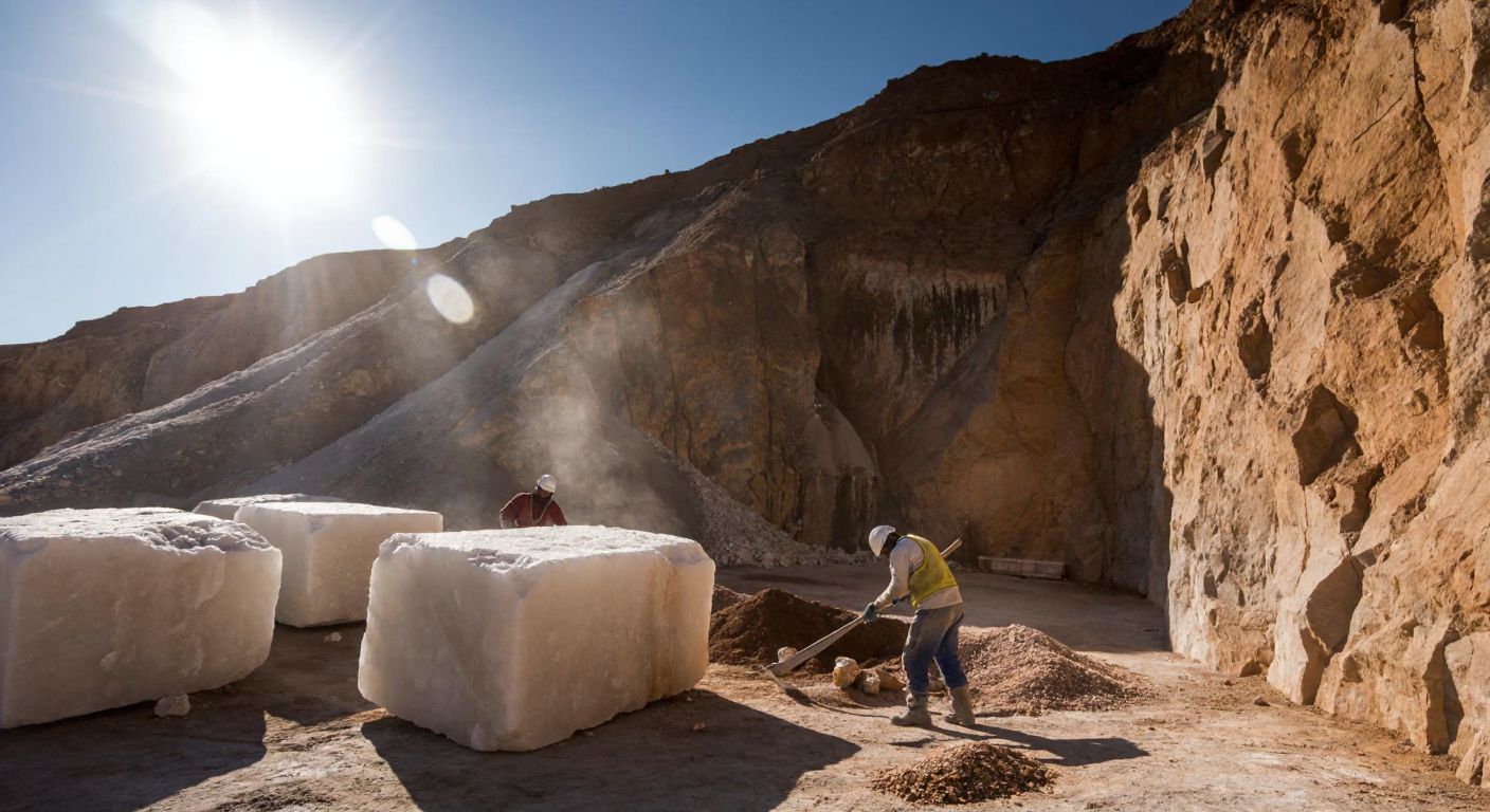 A rugged, sunlit salt mine in Tuzköy, Nevşehir, with workers in dusty overalls extracting large, crystalline rock salt blocks from the earth.