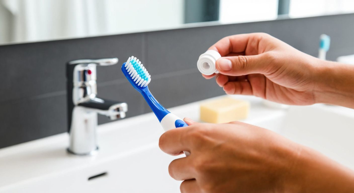 A close-up of a person's hands carefully attaching a new blue Colgate toothbrush head onto an electric toothbrush handle in a well-lit modern bathroom.