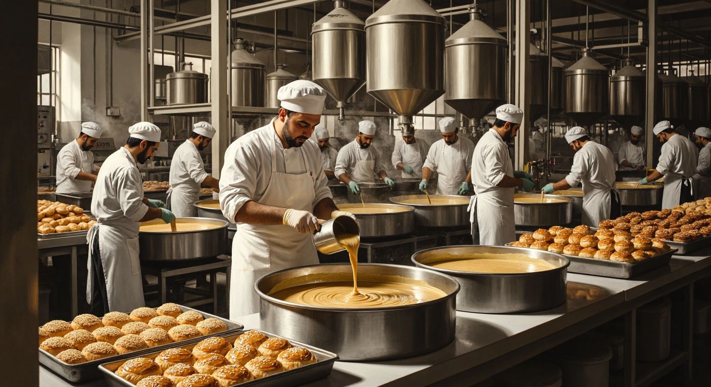 A warm, bustling Turkish factory with workers in white aprons carefully pouring golden tahini from large steel vats into jars, surrounded by sacks of sesame seeds and trays of freshly baked tahini-filled pastries.