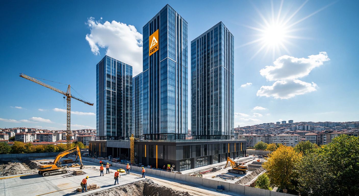 A modern skyscraper complex under a bright Istanbul sky, with construction workers in hard hats and a sleek corporate logo of Aziz Yapı subtly embedded in the facade.