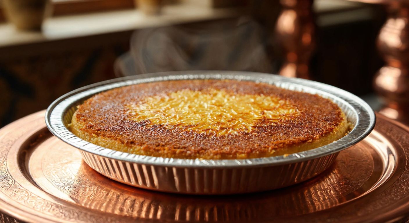 A golden, round aluminum tray with high edges, filled with steaming hot künefe topped with melted cheese and syrup, placed on a traditional Turkish copper table with a warm, inviting glow.