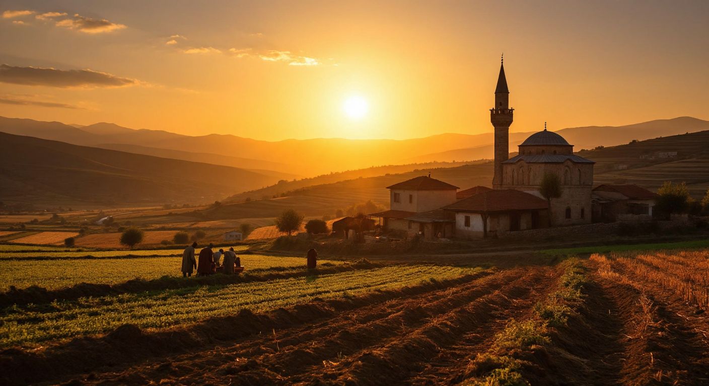 A golden sun setting over a Turkish countryside, casting long shadows on a field where farmers pause their work to enjoy the extended daylight, with a traditional Ottoman-style clock tower in the distance.