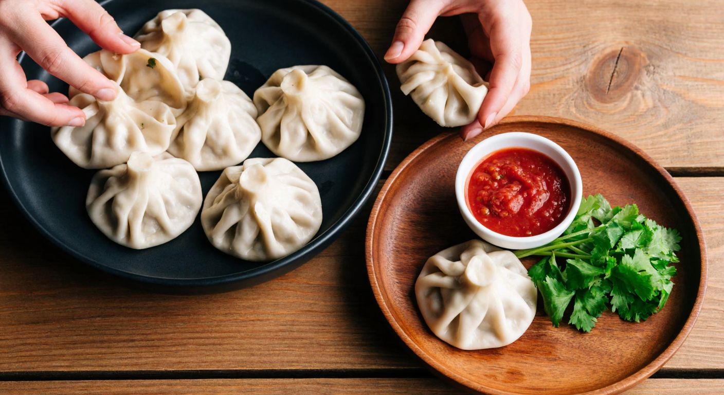 A steaming plate of Georgian khinkali (dumplings) with thin dough and spiced meat filling, served on a rustic wooden table alongside a small bowl of garlic yogurt and tomato sauce, with hands reaching to pick one up.