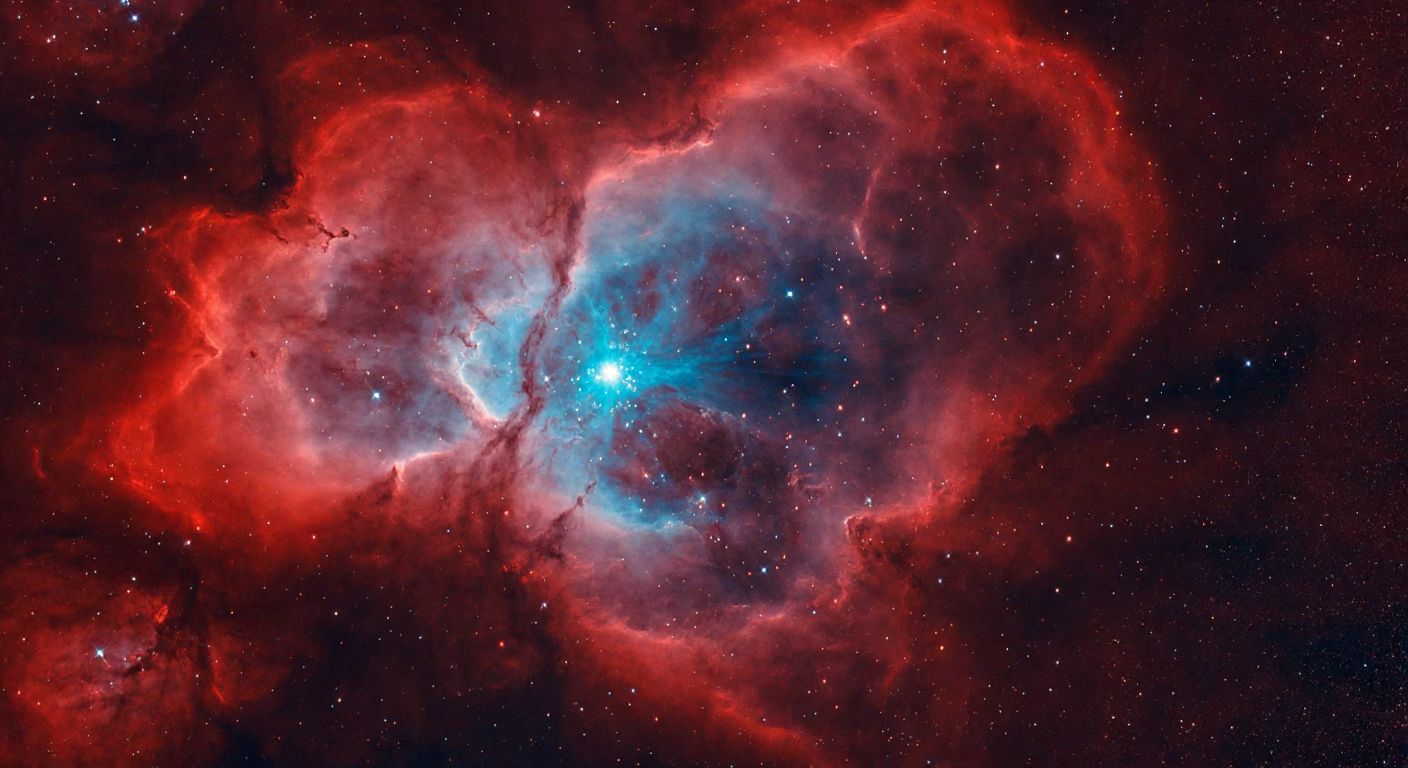 A vast, glowing nebula with swirling red and blue cosmic dust, dotted with bright young stars and towering pillars of gas, evoking the dynamic energy of stellar birth and evolution.