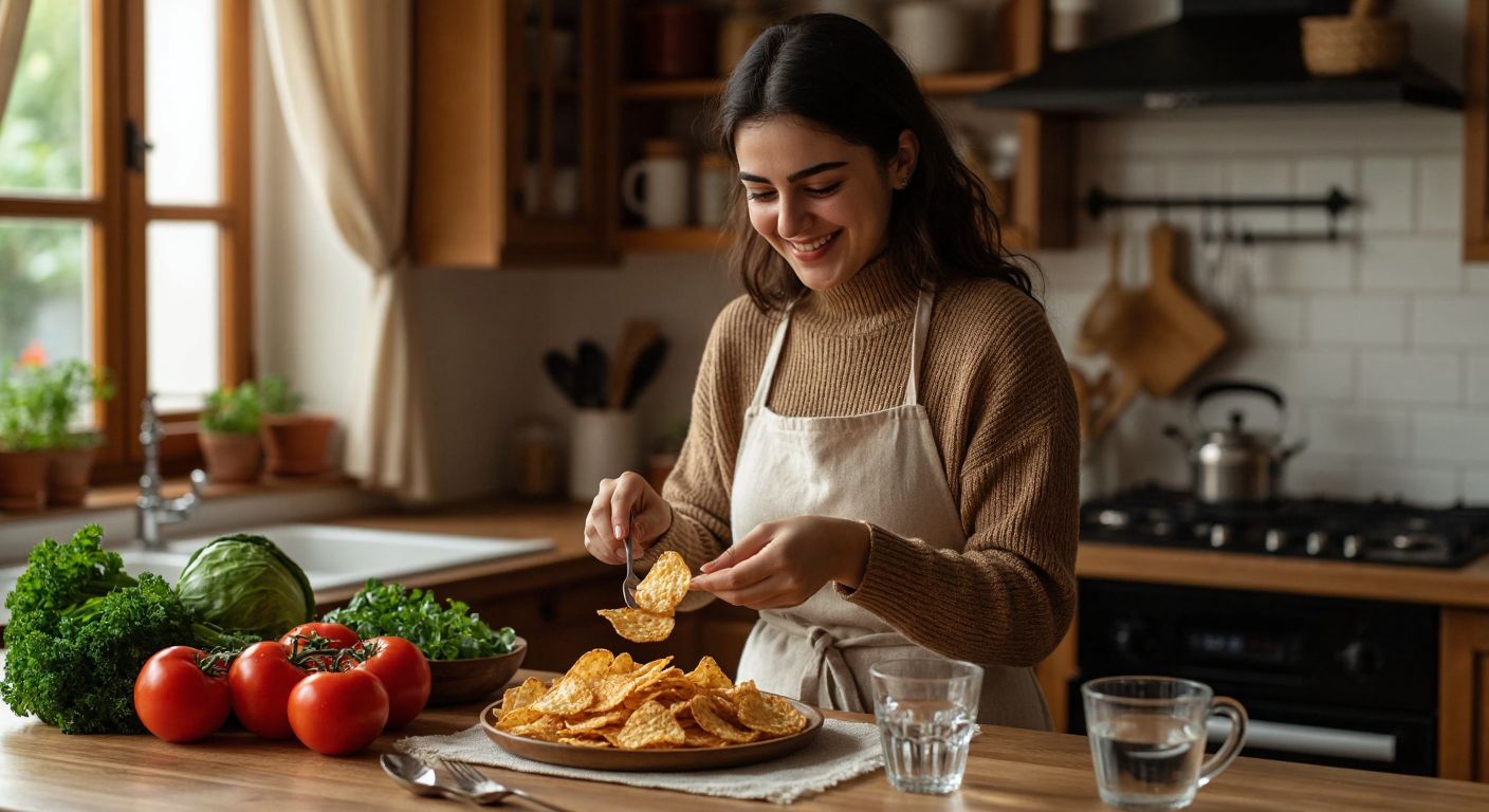 A Turkish woman in a cozy kitchen smiles while carefully measuring a portion of golden, crispy Altınbaşak grain chips onto a small plate, with fresh vegetables and a glass of water nearby.