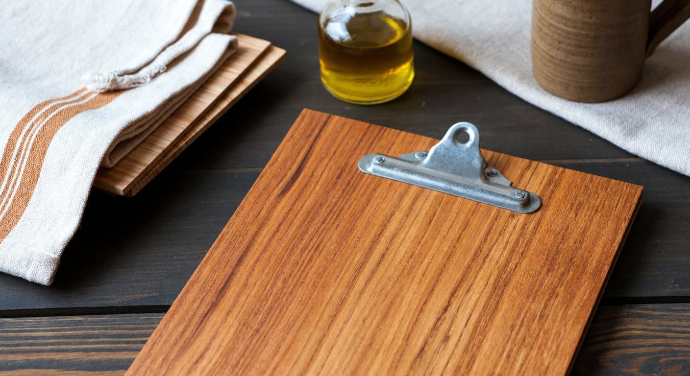 A weathered wooden menu rests on a rustic café table in Turkey, surrounded by polished walnut and oak samples, with a cloth and natural oil bottle nearby, evoking durability and care.
