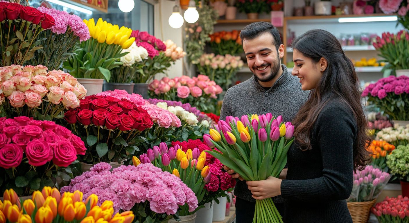 A vibrant Turkish florist shop with colorful bouquets of roses, tulips, and carnations arranged neatly, while a smiling shopkeeper assists a thoughtful customer holding a carefully selected bouquet.
