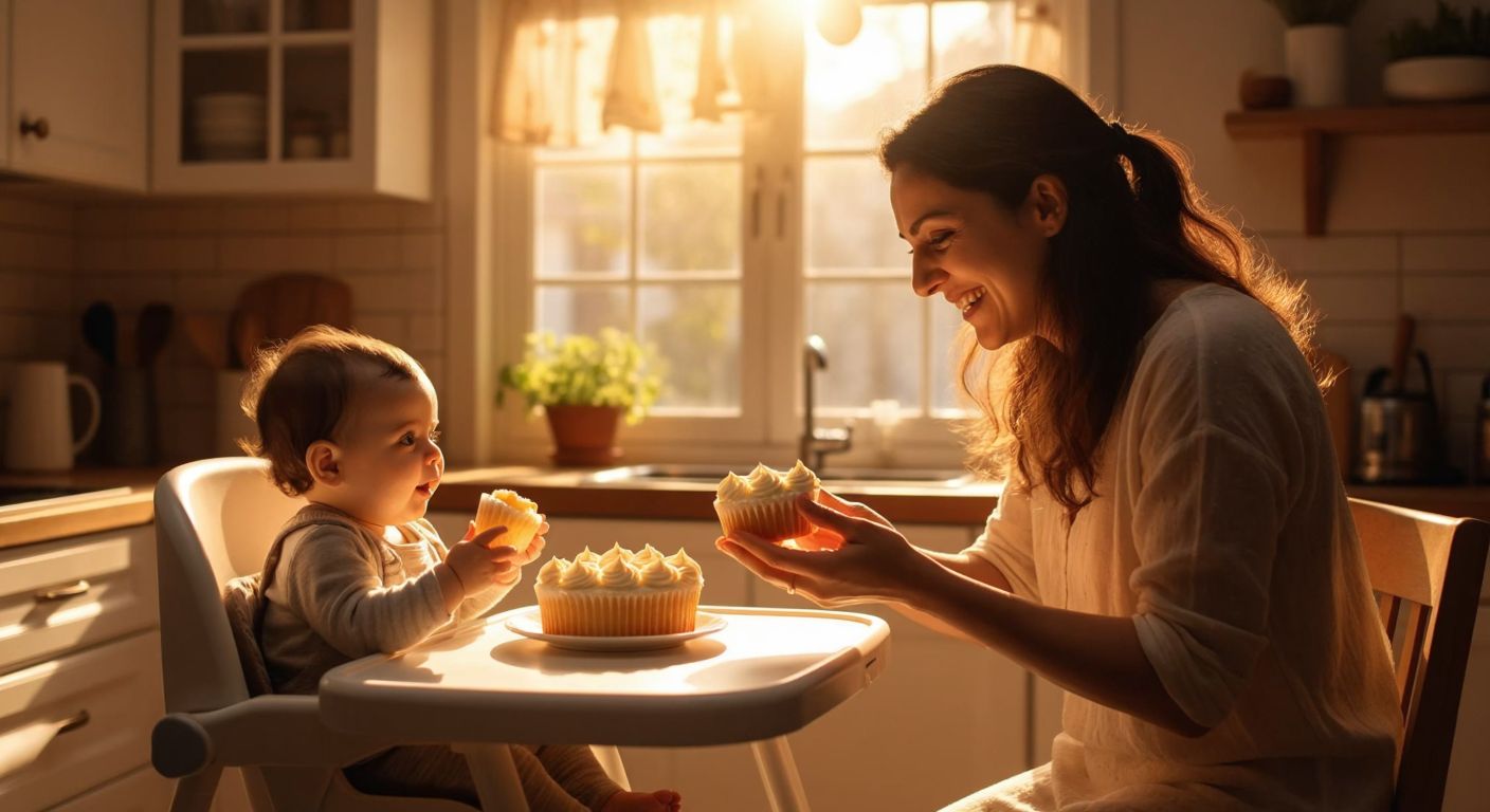 A smiling Turkish mother in a cozy kitchen gently offers a small, soft cup-shaped baby cake to her curious 7-month-old infant sitting in a high chair, with warm sunlight streaming through the window.