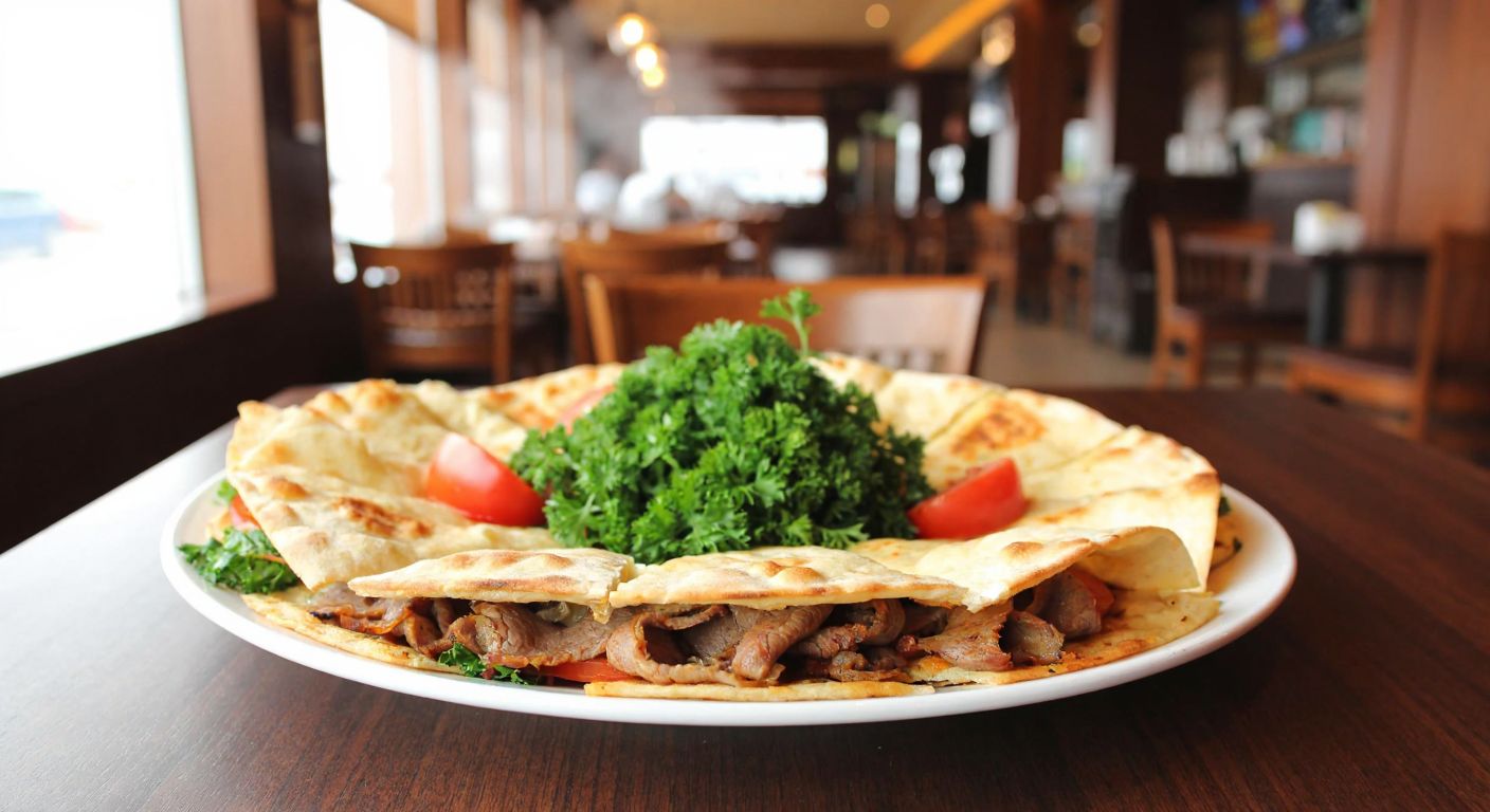 A steaming plate of thinly sliced zurna döner with golden-brown lavash bread, fresh parsley, and grilled tomatoes, placed on a wooden table in a cozy Turkish eatery with warm lighting.