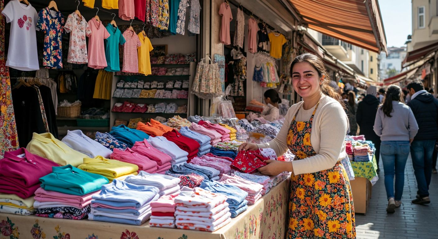 A cheerful Turkish marketplace stall displays neatly folded children’s clothing in bright colors, with a smiling vendor arranging tiny shirts and dresses while parents browse nearby.