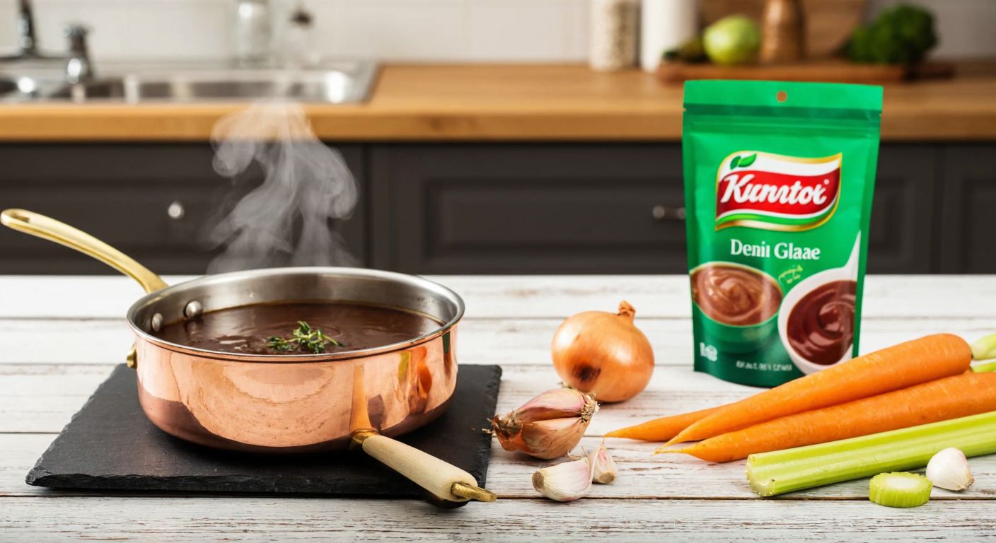 A rustic wooden table in a cozy Turkish kitchen holds a steaming homemade demi-glace sauce in a copper pot beside a Knorr demi-glace packet, with fresh ingredients like carrots, onions, and celery scattered nearby.