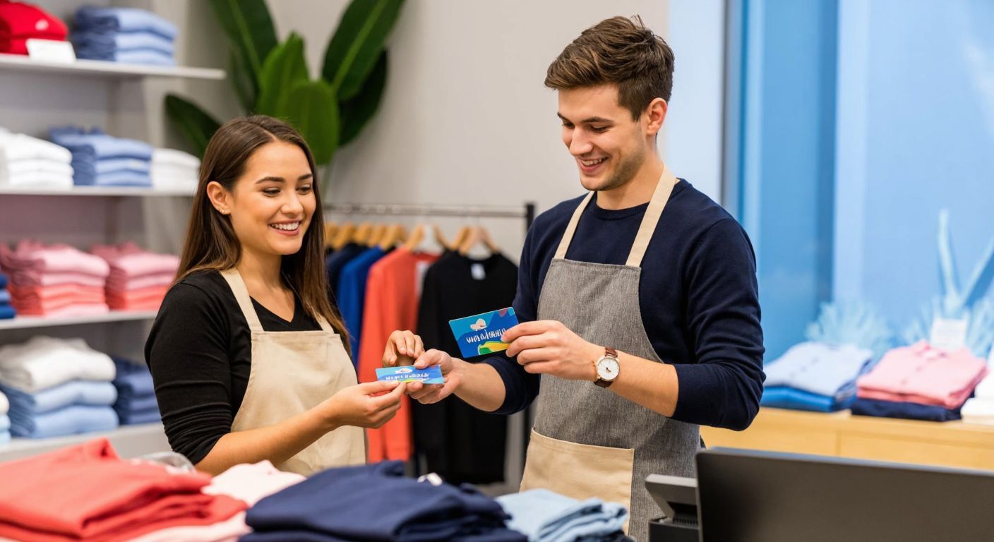 A smiling customer in a bright LC Waikiki store hands a colorful gift card to a helpful cashier wearing a branded apron, with neatly folded clothing displays in the background.