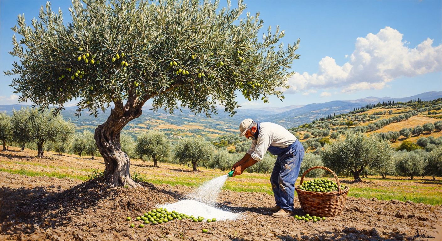 A Turkish farmer in a sunlit olive grove carefully sprinkling fertilizer around the base of a mature olive tree, with a basket of fresh olives nearby and distant rolling hills under a clear blue sky.