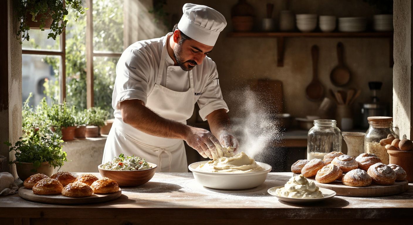A Turkish chef in a white apron carefully kneading dough in a sunlit bakery, surrounded by fresh pastries, a bowl of creamy salad dressing, and a scoop of smooth ice cream, all subtly connected by a fine, translucent xanthan gum powder dusting the air.