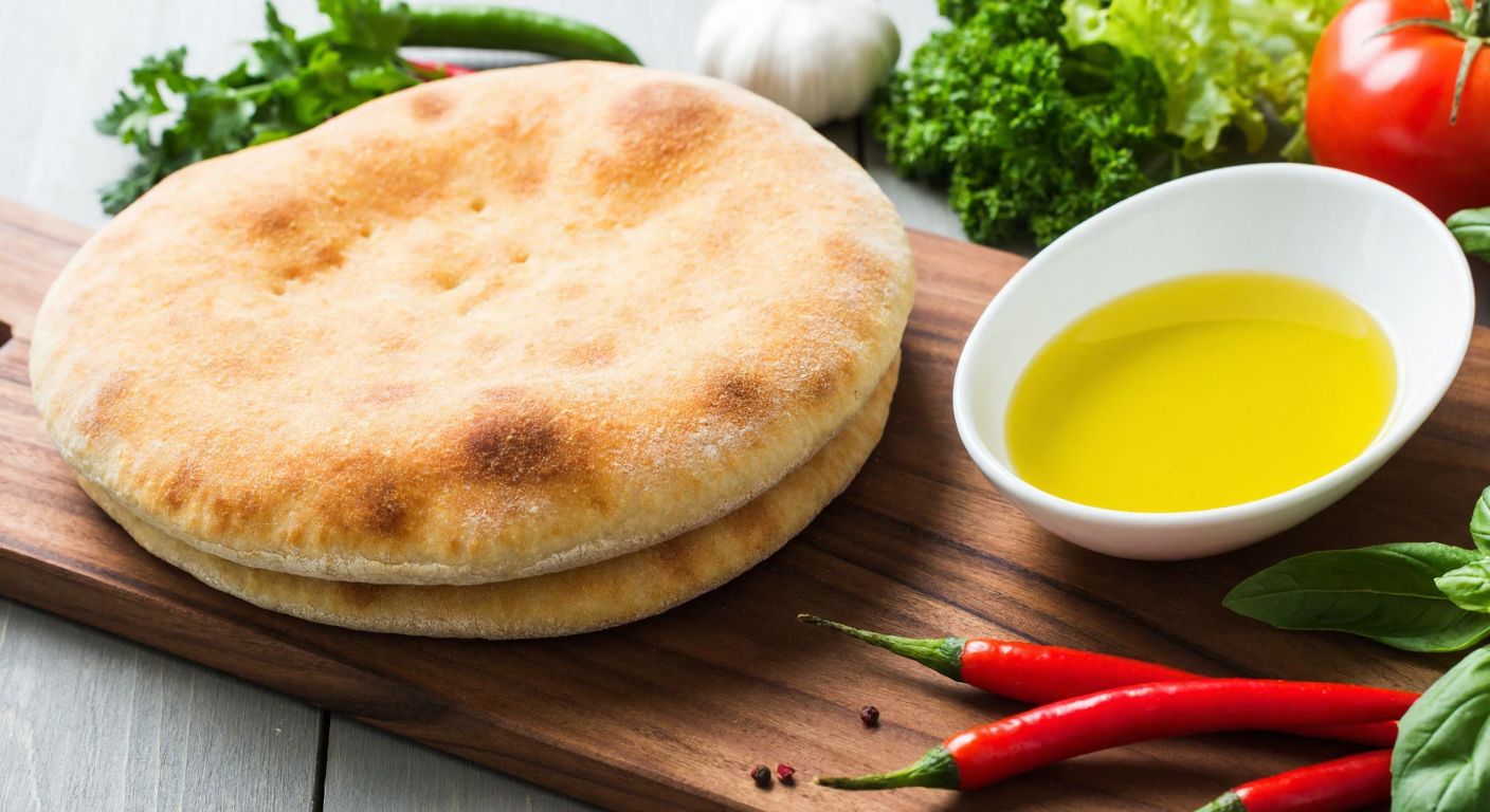 A warm, golden-brown pita bread sits on a wooden cutting board beside a small bowl of olive oil, with fresh vegetables and herbs arranged neatly around it, evoking a balanced and mindful approach to diet.