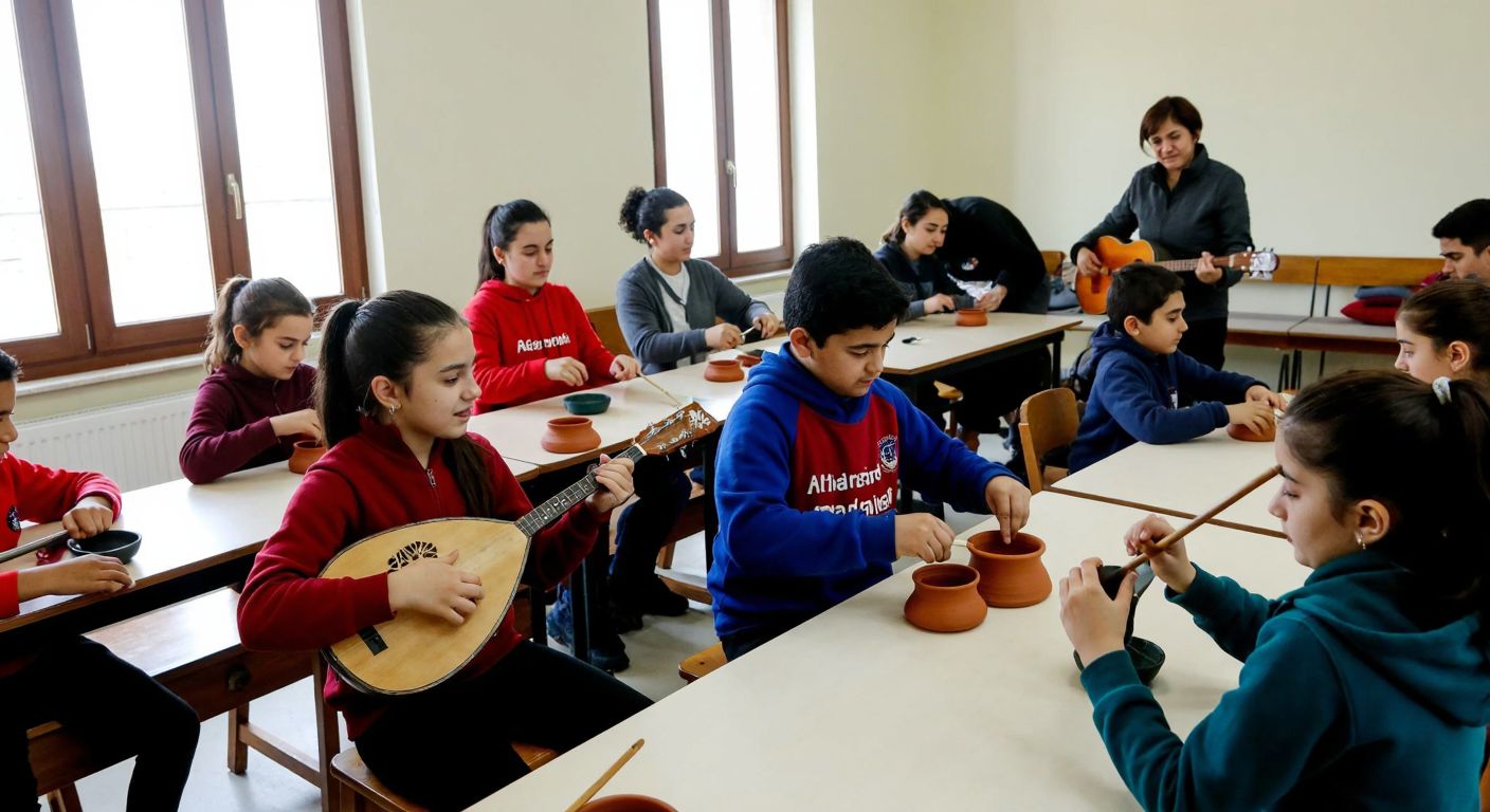 A bustling classroom in Eskişehir with diverse students of all ages engaged in various hands-on activities like pottery, painting, and playing traditional Turkish instruments, while a warm, encouraging instructor guides them.