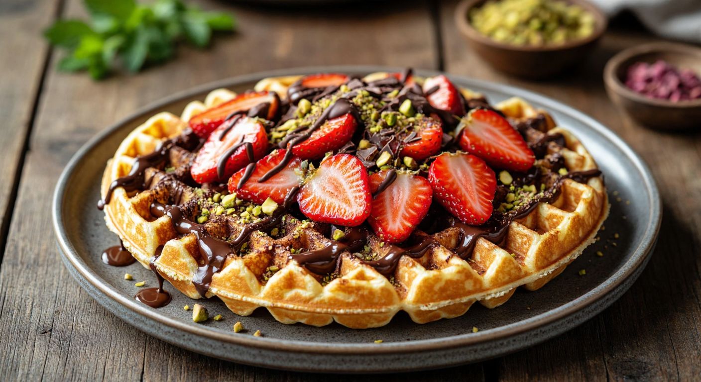 A warm, golden waffle fresh from the iron, topped with a drizzle of melted chocolate, sliced strawberries, and a dusting of crushed pistachios, placed on a rustic wooden table in a cozy Turkish kitchen.