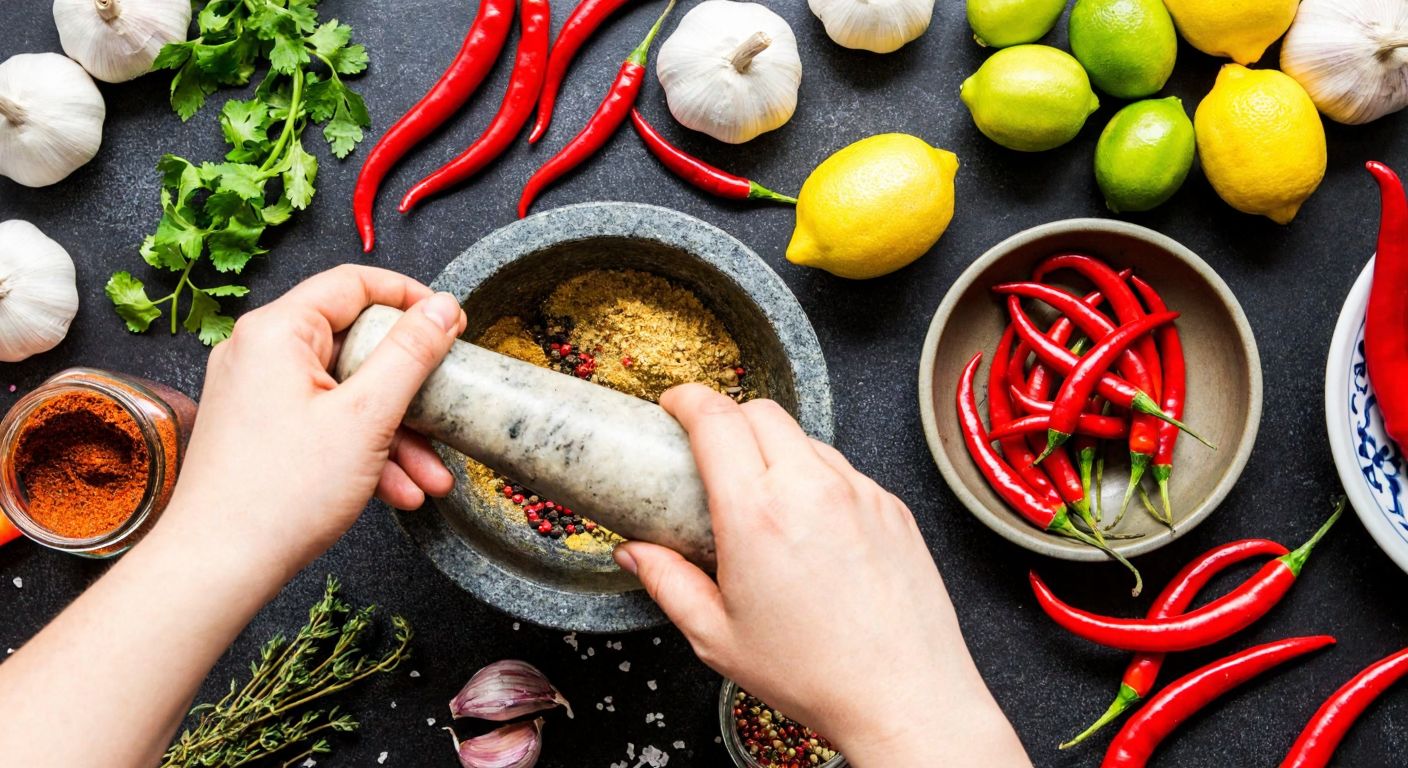 A vibrant Turkish kitchen countertop scattered with fresh chili peppers, garlic cloves, lemons, and spice jars, with hands actively grinding spices in a mortar and mixing ingredients in a bowl, evoking warmth and culinary passion.