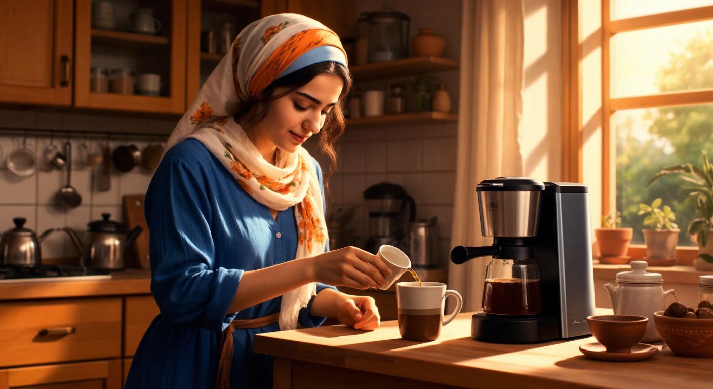 A Turkish woman with warm brown eyes and a floral headscarf carefully pours fresh water into a sleek coffee machine on a sunlit kitchen counter, surrounded by aromatic coffee grounds and a ceramic cup ready for brewing.