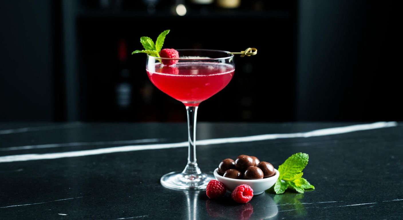 A dark, elegant bar counter with a crystal-clear cocktail glass filled with a deep ruby-red Chambord liqueur, garnished with fresh raspberries and a sprig of mint, resting beside a small bowl of dark chocolate truffles.