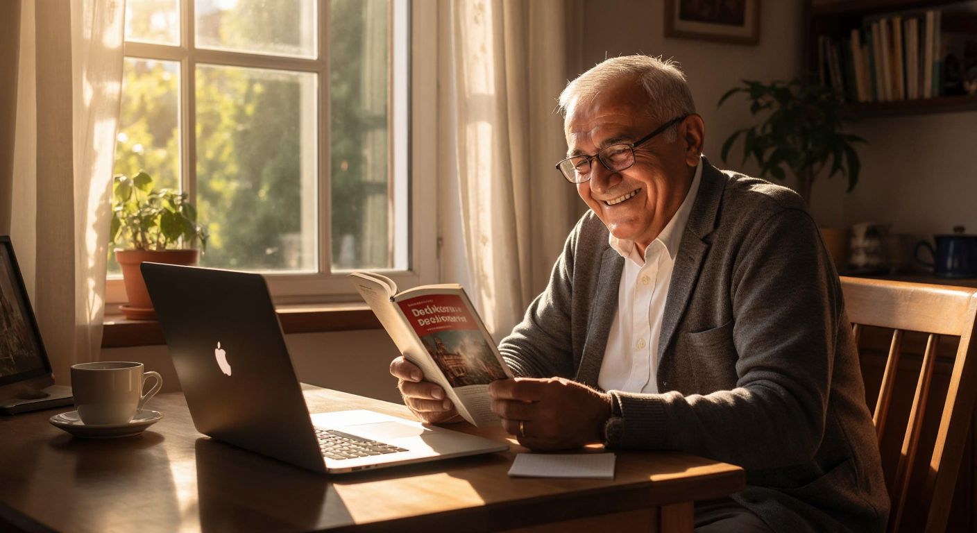 An elderly Turkish man with glasses and a warm smile sits at a wooden table, holding a printed book titled "Dedem Kodlama Öğreniyor," while a laptop with a webpage open sits beside him, bathed in soft sunlight from a nearby window.
