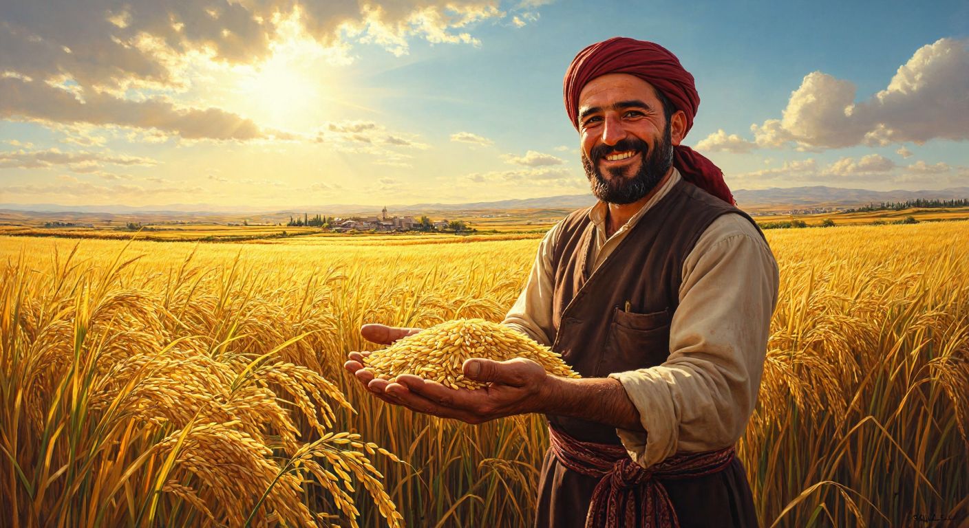A sunlit field of golden rice stalks in Konya, with a smiling farmer in traditional Turkish attire proudly holding a handful of plump, high-quality rice grains.