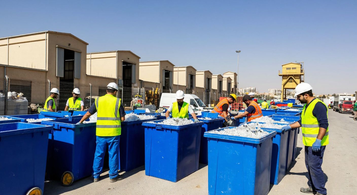 A bustling industrial facility in Şanlıurfa with workers in safety gear managing waste containers under the warm Turkish sun.